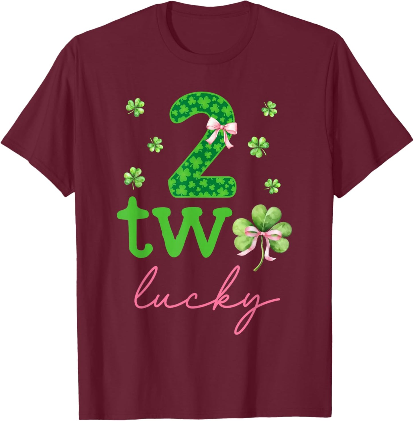 Two Lucky 2 Years Old Birthday Girl Bow 2nd Birthday Party T-Shirt - T-Shirt | Maroon