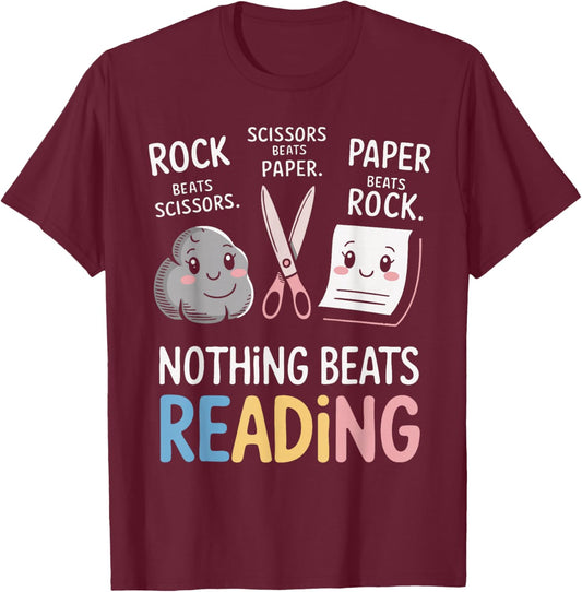 Nothing Beats Reading - Funny Rock Paper Scissors Book Lover T-Shirt - T-Shirt | Maroon