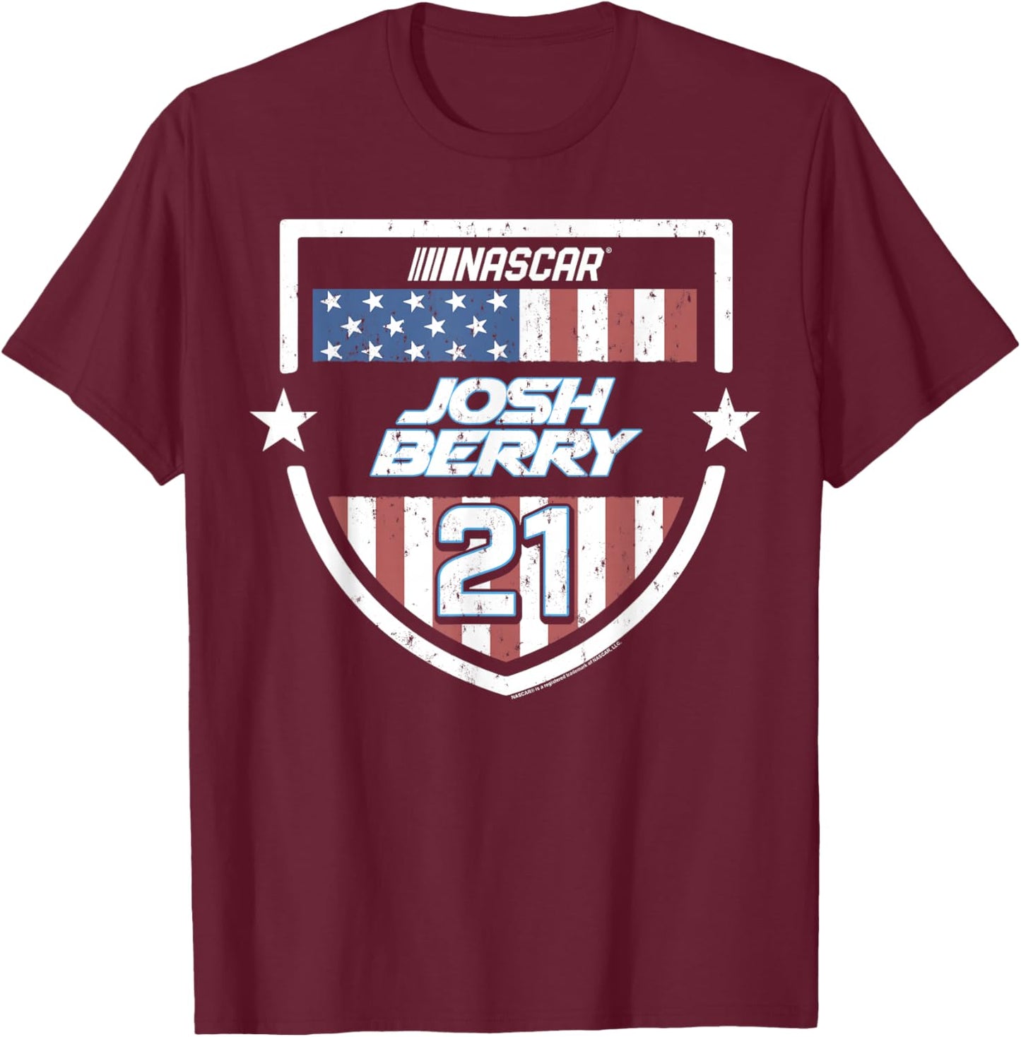 NASCAR Josh Berry 21 USA Flag Shield Crest and Stars T-Shirt - T-Shirt | Maroon