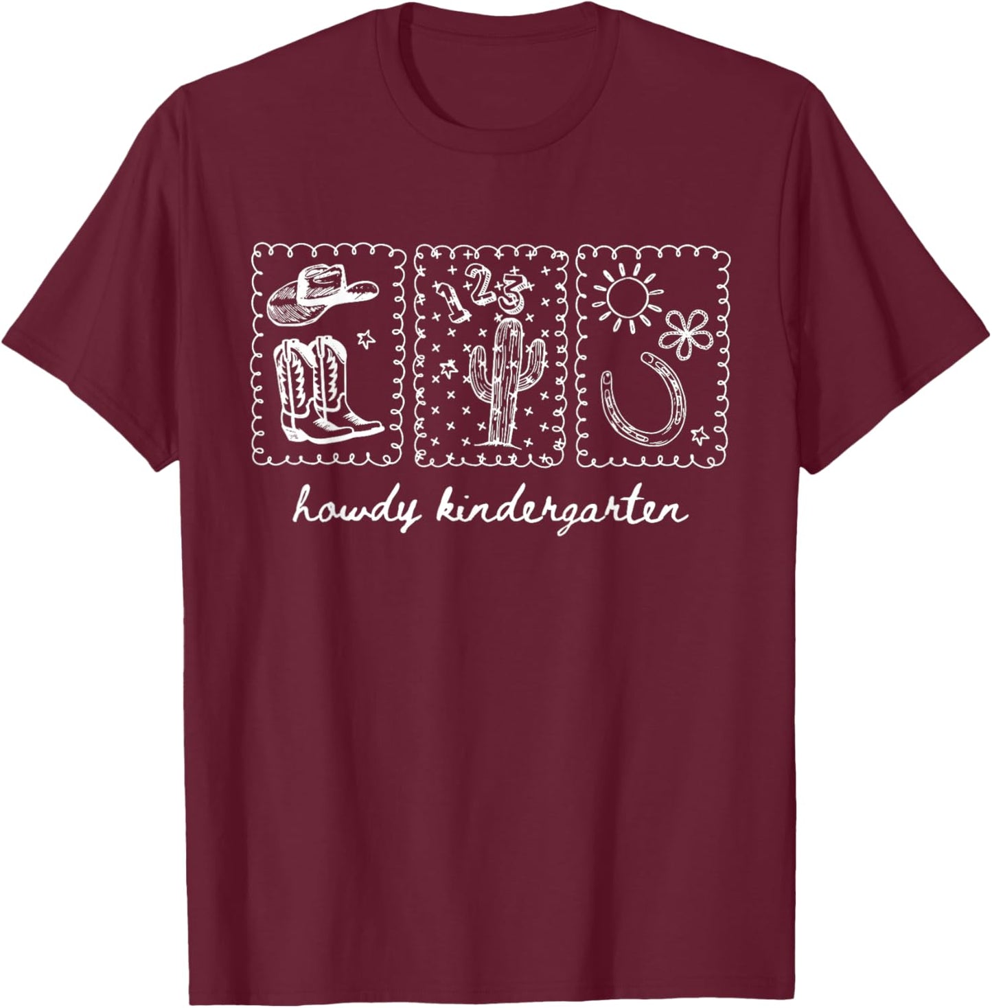 Stamp Howdy Kindergarten Teacher Crew Cowboy Western Country T-Shirt - T-Shirt | Maroon