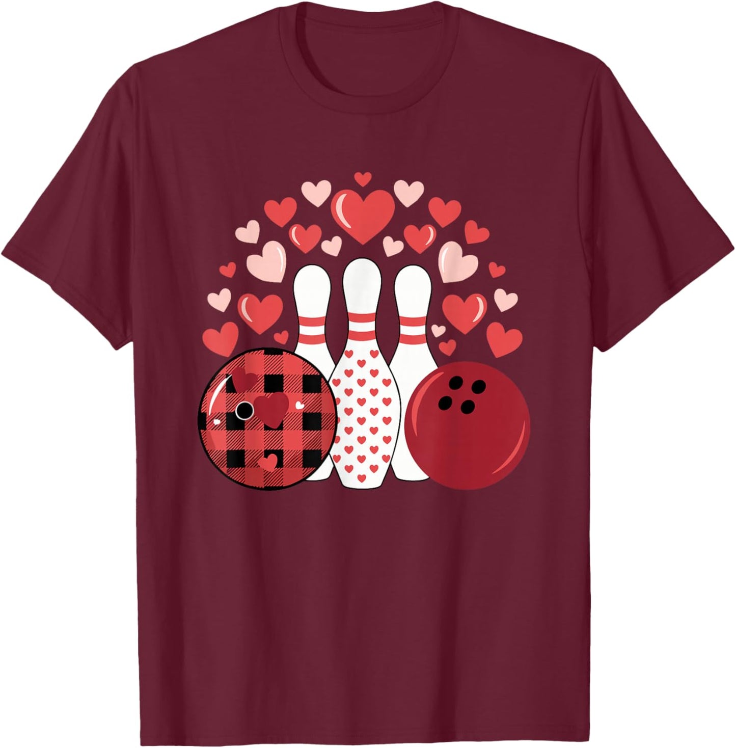 Bowling Hearts Love Strikes Pins Alley League Vibes T-Shirt - T-Shirt | Maroon