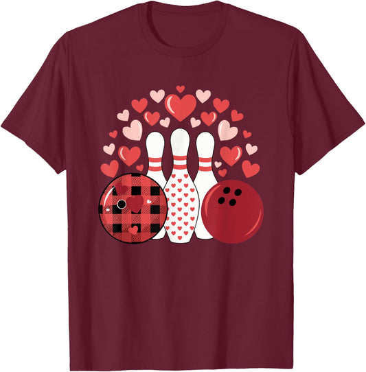 Bowling Hearts Love Strikes Pins Alley League Vibes T-Shirt - T-Shirt | Maroon
