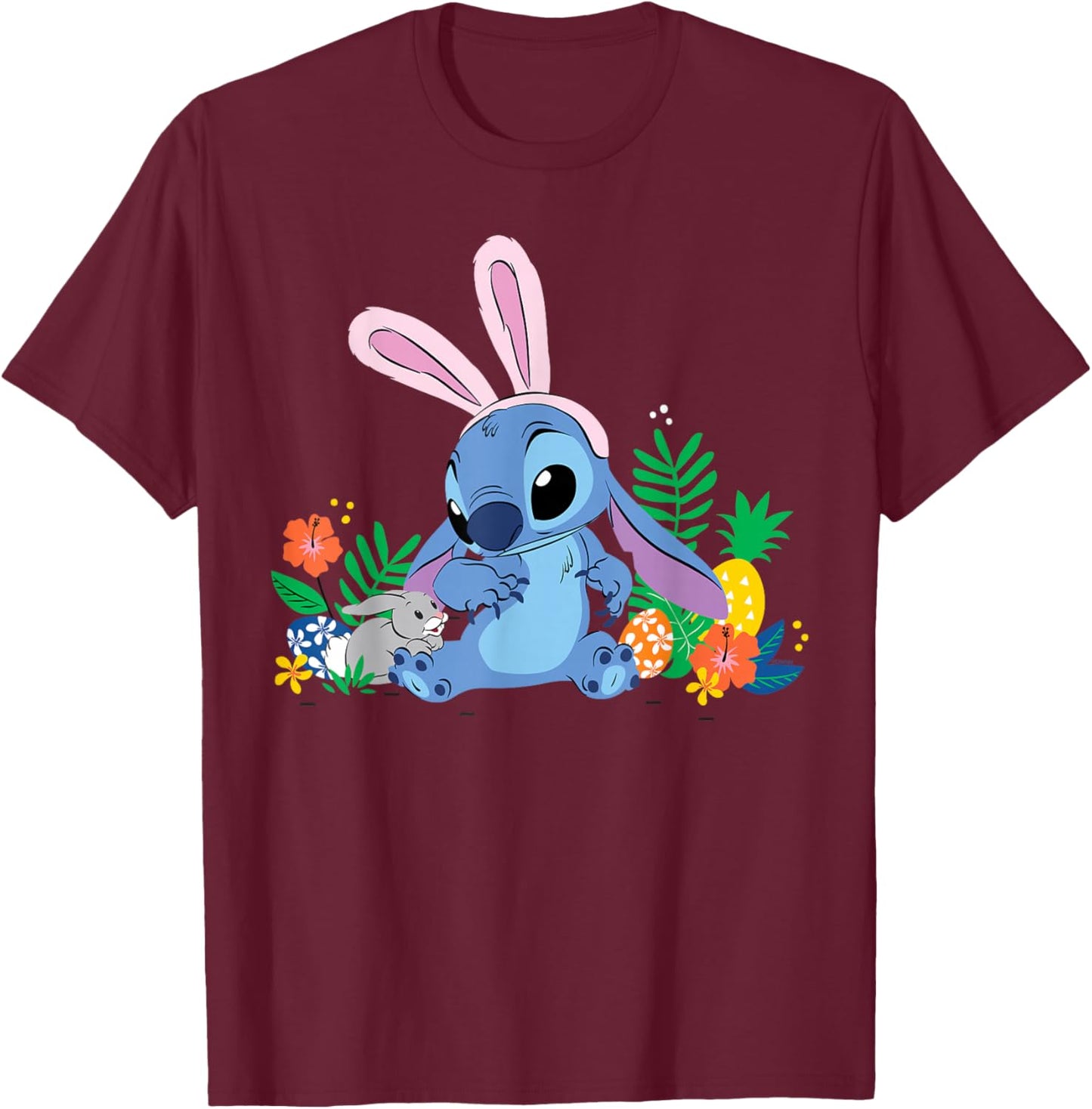 Disney Stitch Easter Bunny Ears & Eggs Tropical Spring Pals T-Shirt - T-Shirt | Maroon