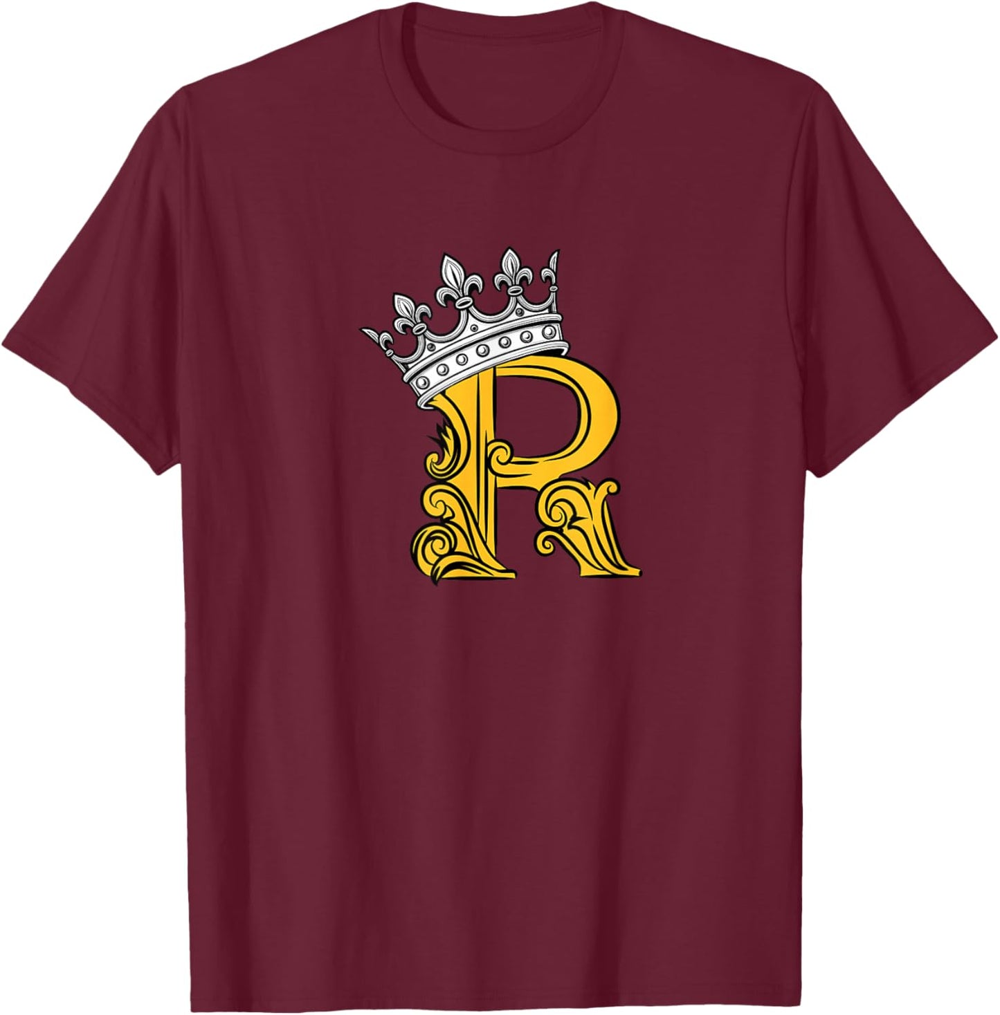 University Varsity-Gold Color Letter R Initial + Crown T-Shirt - T-Shirt | Maroon