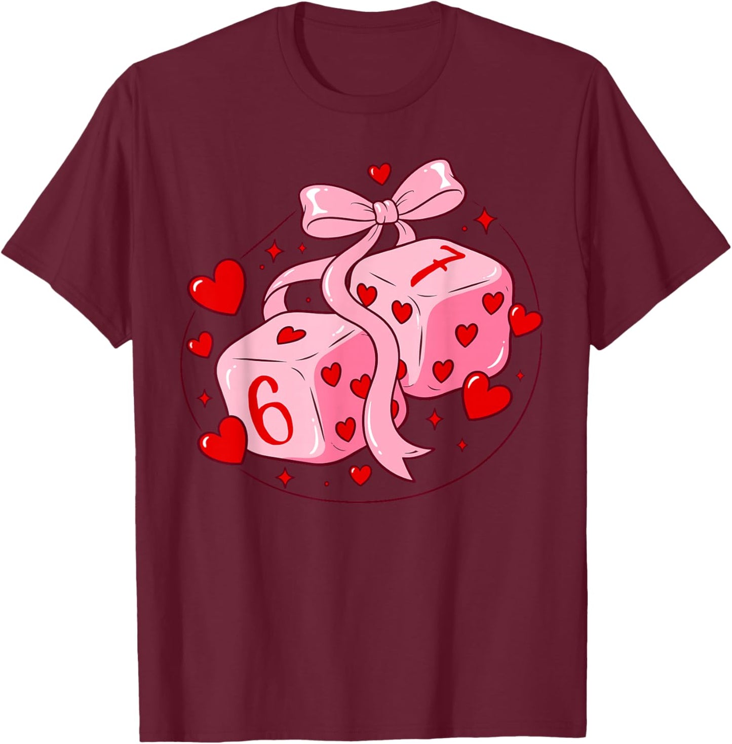 Preppy 67 Valentine Six Seven Dice 6 7 Coquette Bow Meme T-Shirt - T-Shirt | Maroon