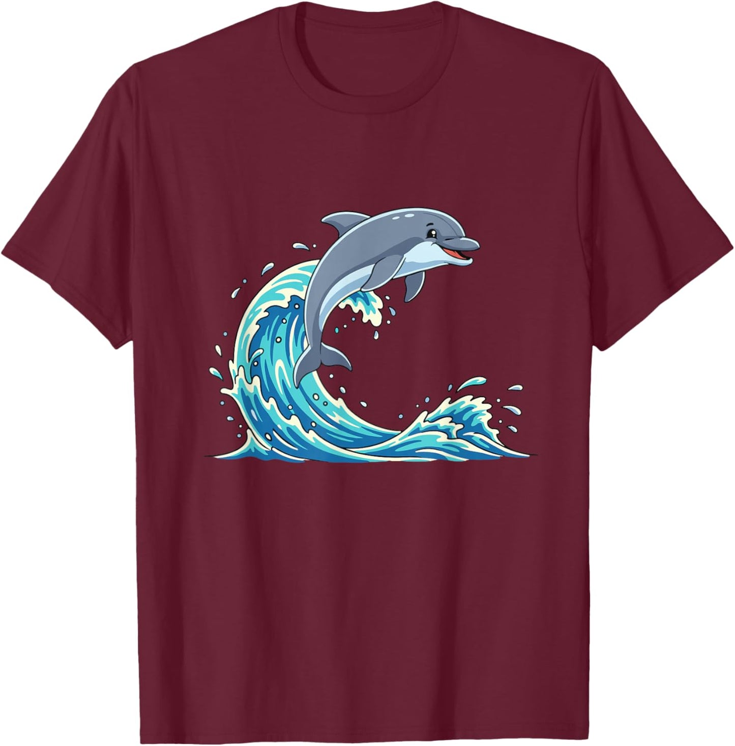 Cute Jumping Dolphin On Summer Ocean Wave T-Shirt - T-Shirt | Maroon