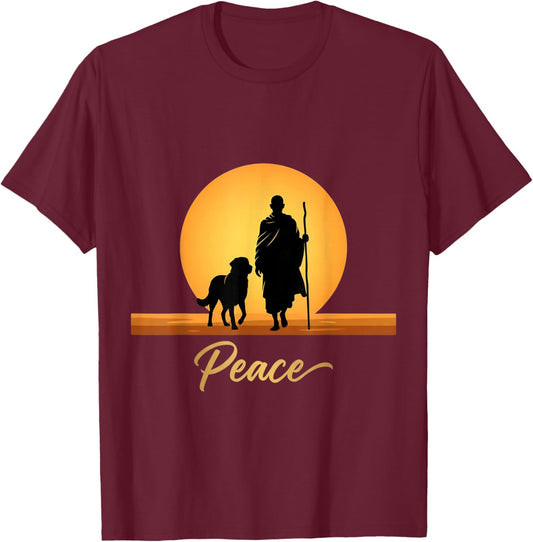 Walk for Peace Monks with Aloka Dog Monks Minimalist Zen T-Shirt - T-Shirt | Maroon