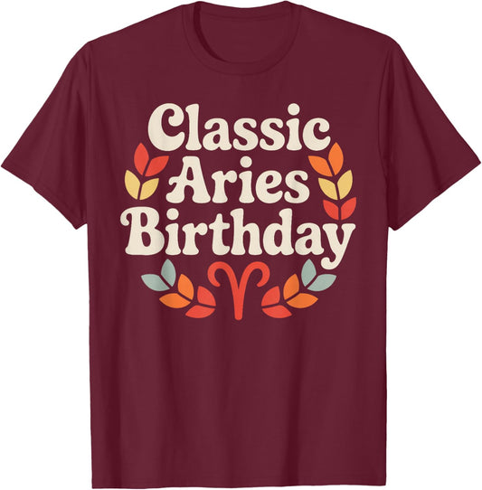Classic Aries Birthday Zodiac Geometric Wreath Art T-Shirt - T-Shirt | Maroon