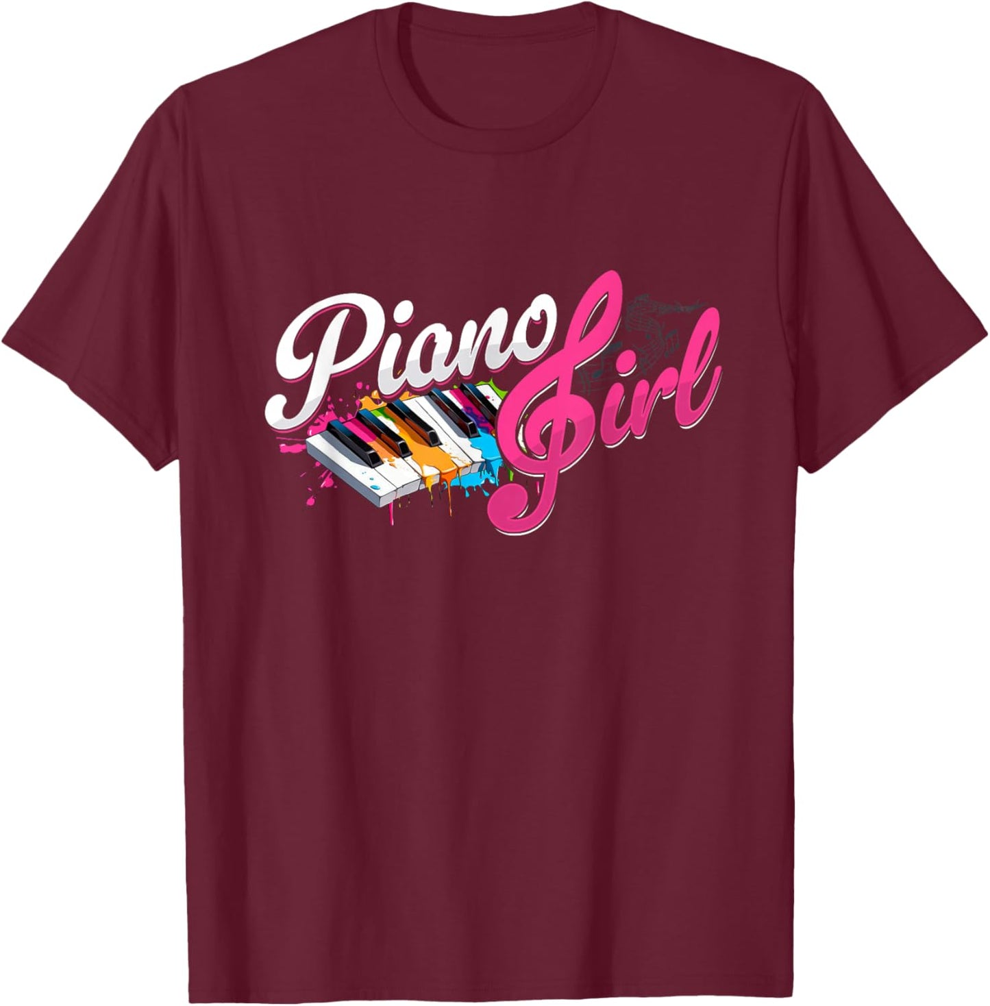 Piano Girl Treble Clef & Colorful Piano Keys T-Shirt - T-Shirt | Maroon