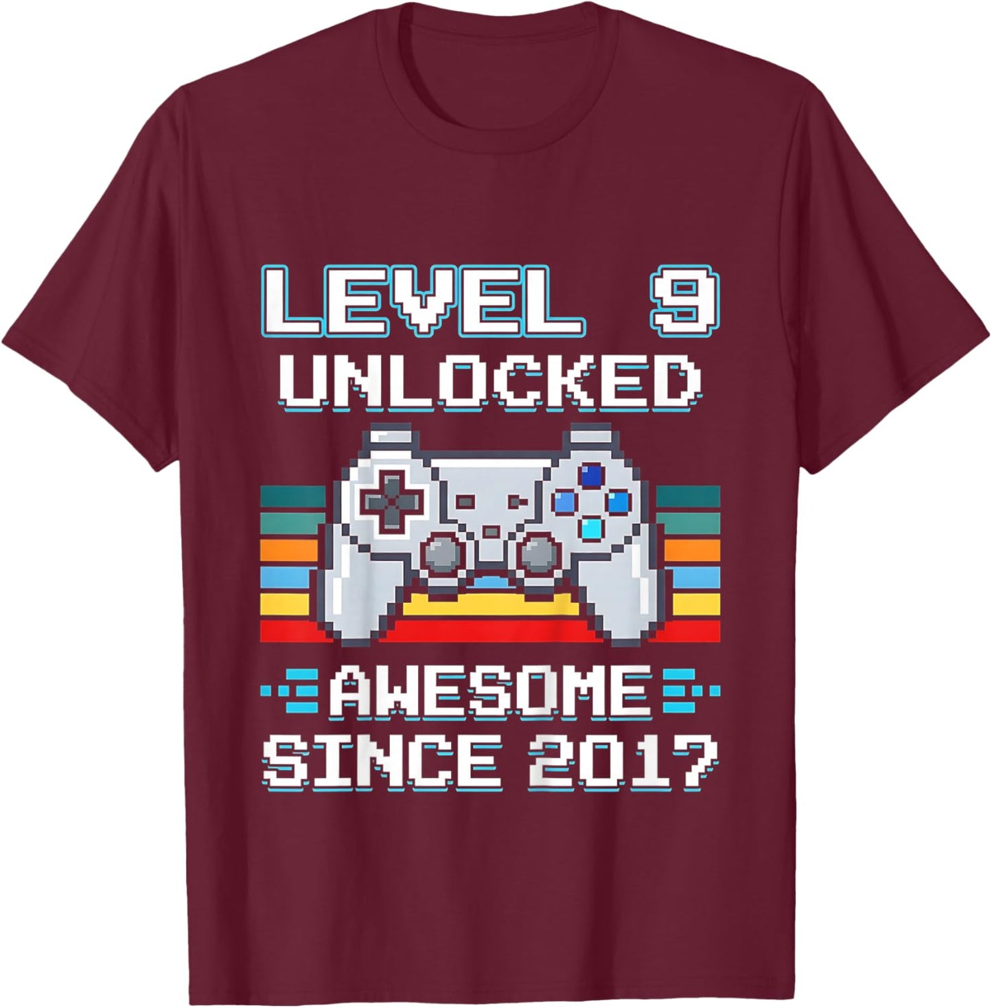Kids 9th Birthday Gamer Level 9 Unlocked Awesome Since 2017 T-Shirt - T-Shirt | Maroon