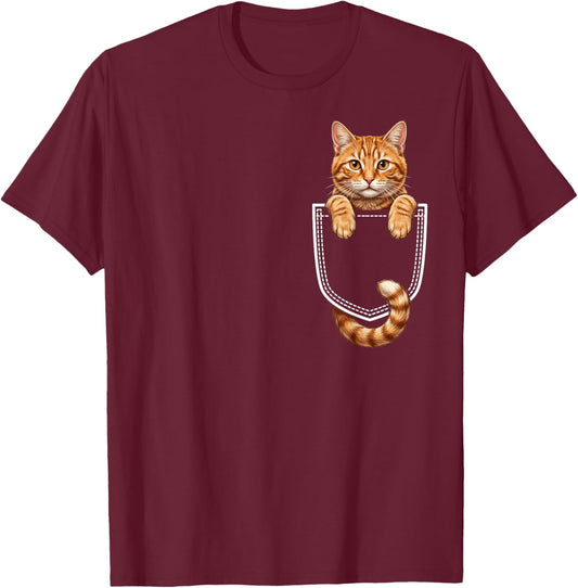 Cute Orange Tabby Cat in Pocket Kitten for Pet Lovers T-Shirt - T-Shirt | Maroon