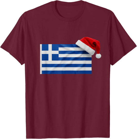 Greek Flag Santa Hat Funny Greece Christmas Holiday T-Shirt - T-Shirt | Maroon