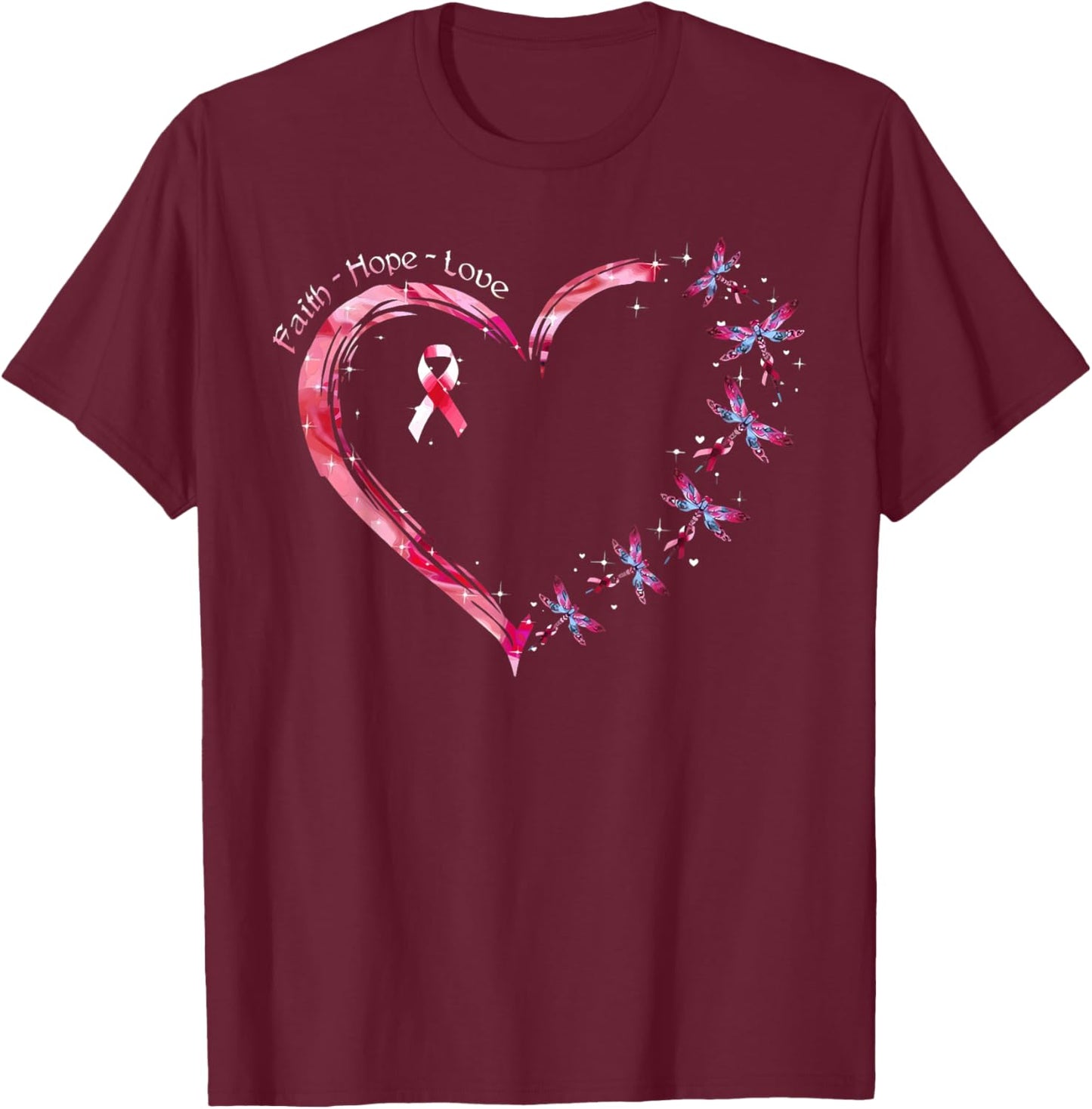 Breast Cancer Heart Dragonflies Awareness Women Kids Men T-Shirt - T-Shirt | Maroon