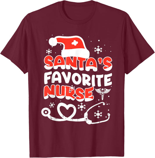 Santa's Favorite Nurse Christmas T-Shirt - T-Shirt | Maroon