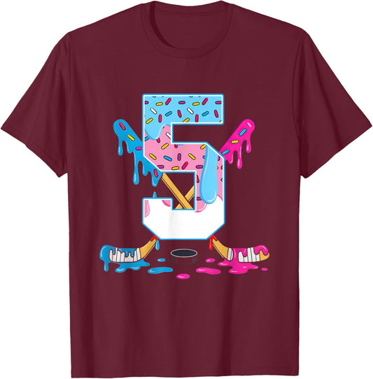 Hockey 5 Years Old Ice Cream Drip 5th Birthday Kids Gift T-Shirt - T-Shirt | Maroon