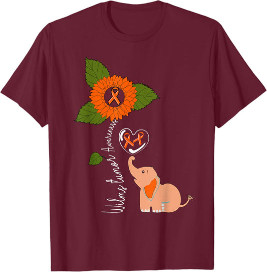 Wilms Tumor Awareness Elephant Sunflower Orange Ribbon T-Shirt - T-Shirt | Maroon