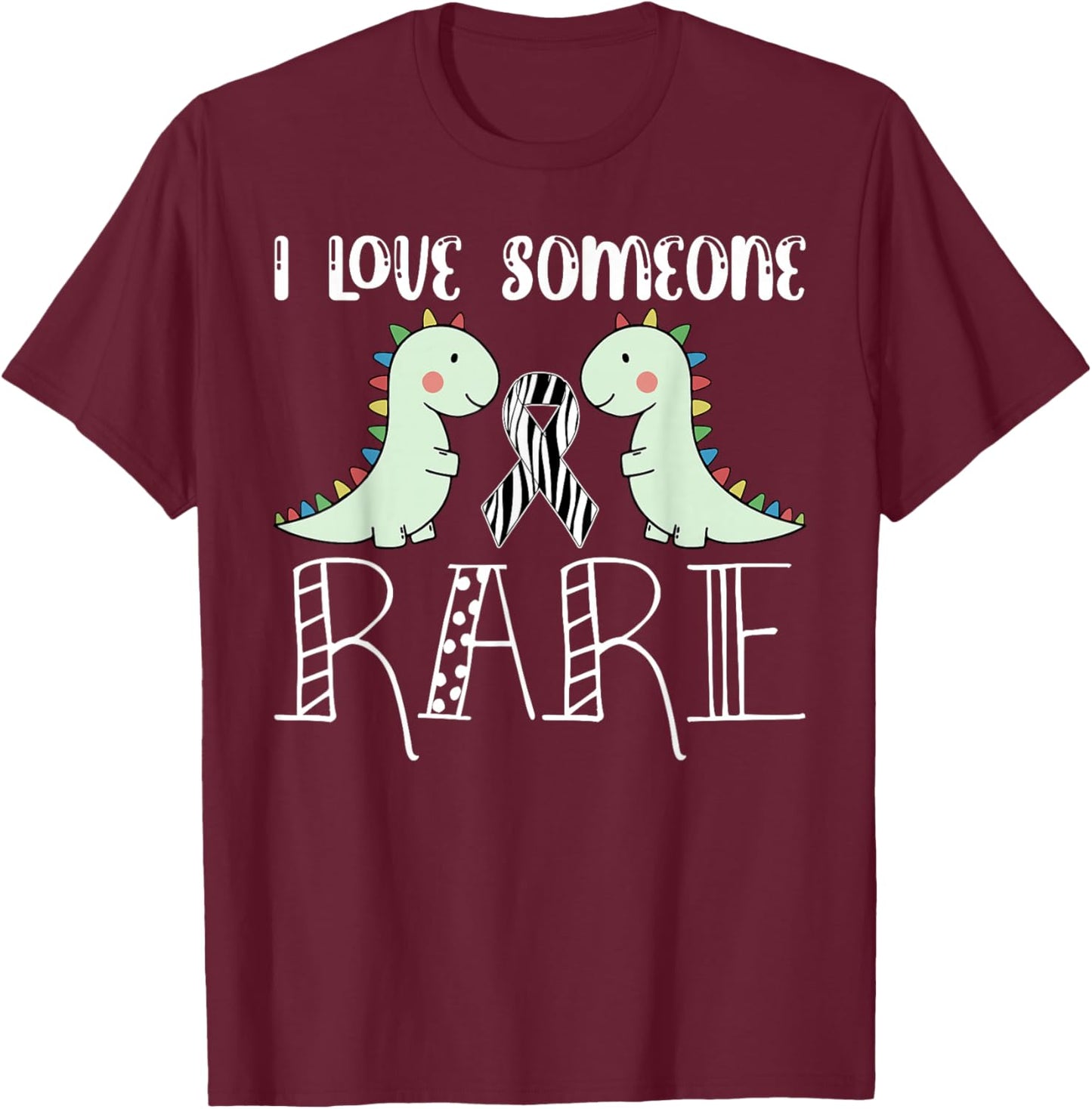 I Love Someone Rare Disease Awareness T Rex Zebra Ribbon T-Shirt - T-Shirt | Maroon
