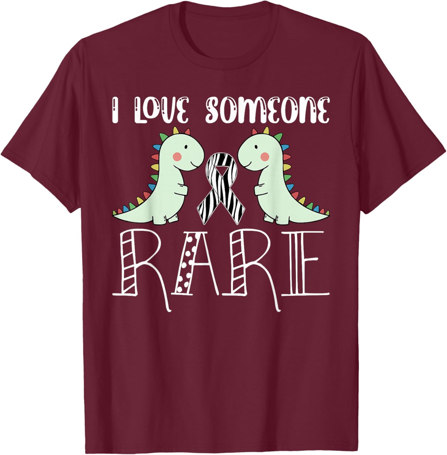 I Love Someone Rare Disease Awareness T Rex Zebra Ribbon T-Shirt - T-Shirt | Maroon