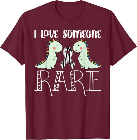 I Love Someone Rare Disease Awareness T Rex Zebra Ribbon T-Shirt - T-Shirt | Maroon