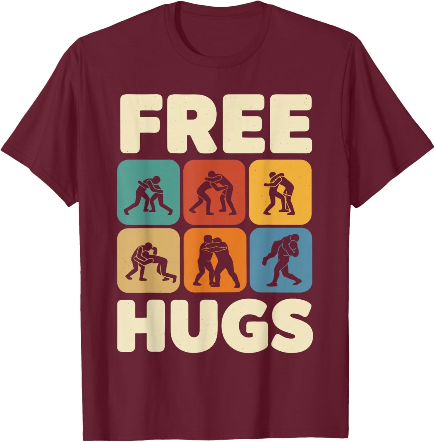 Funny Free Hugs Wrestling Shirt Men, Vintage Wrestler T-Shirt - T-Shirt | Maroon