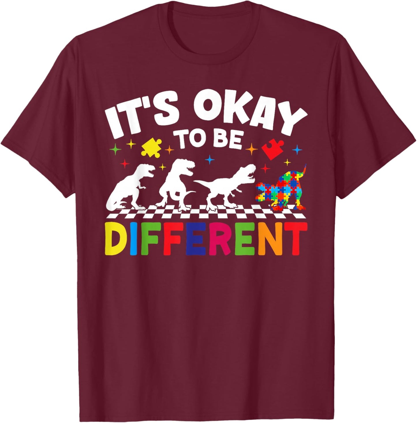 It's Ok to Be Different Autism Awareness Dinosaur Boy Girl T-Shirt - T-Shirt | Maroon