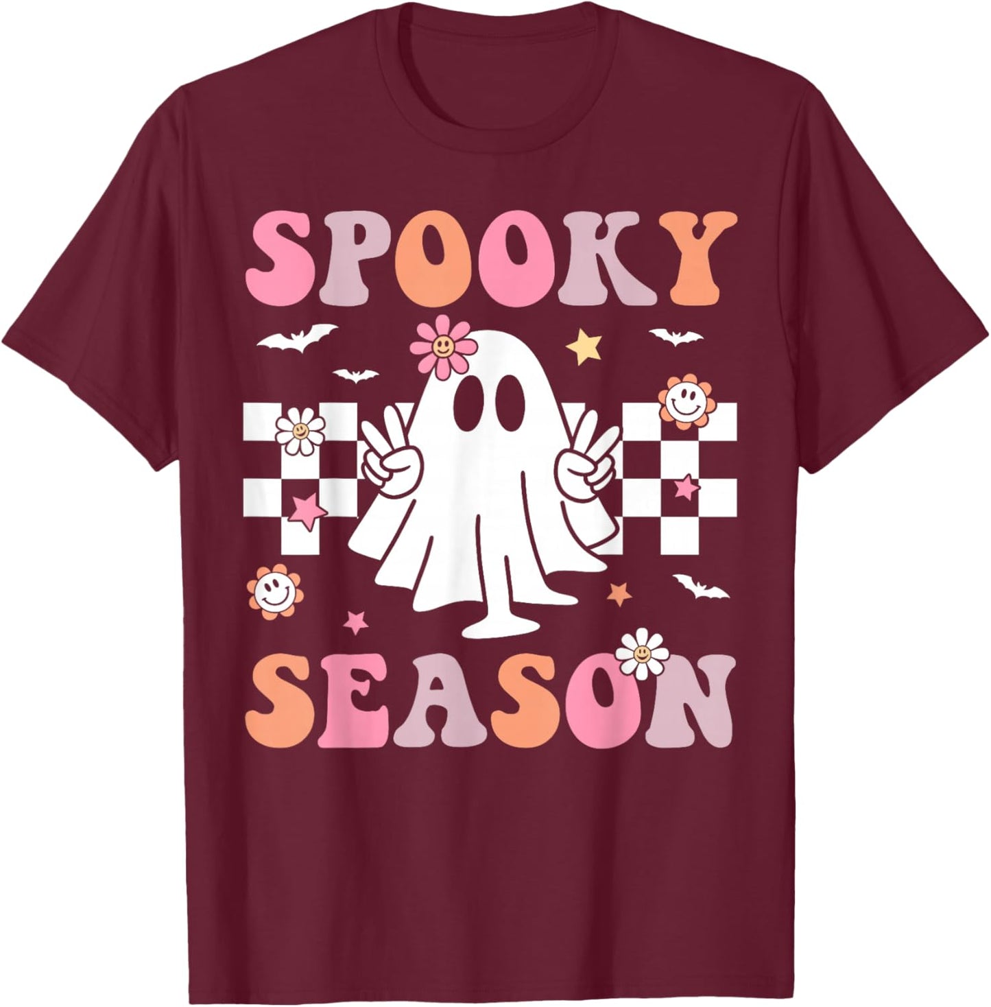 Spooky Season Happy Halloween Retro Ghost Spooky Women Girls T-Shirt - T-Shirt | Maroon