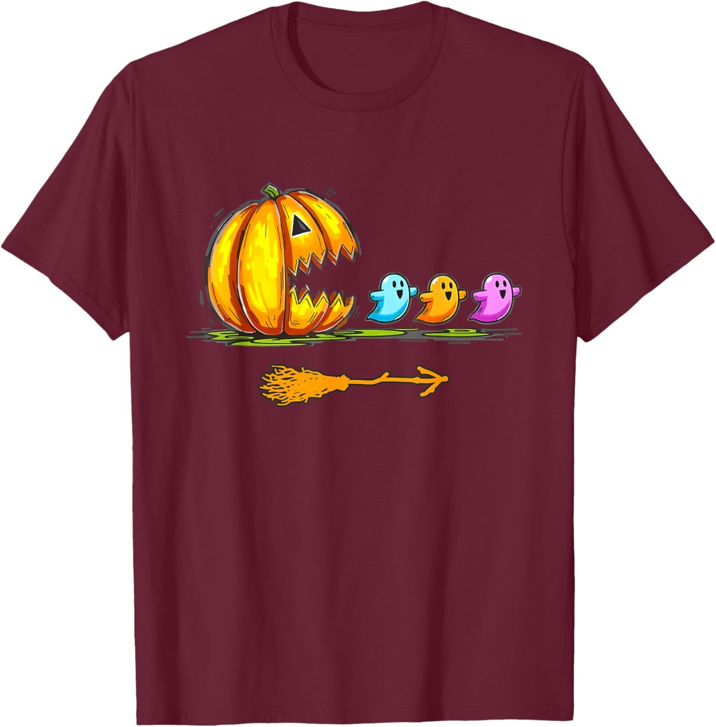Pumpkin Eating Ghost Gamer Halloween Gaming Boys Teen Kids T-Shirt - T-Shirt | Maroon