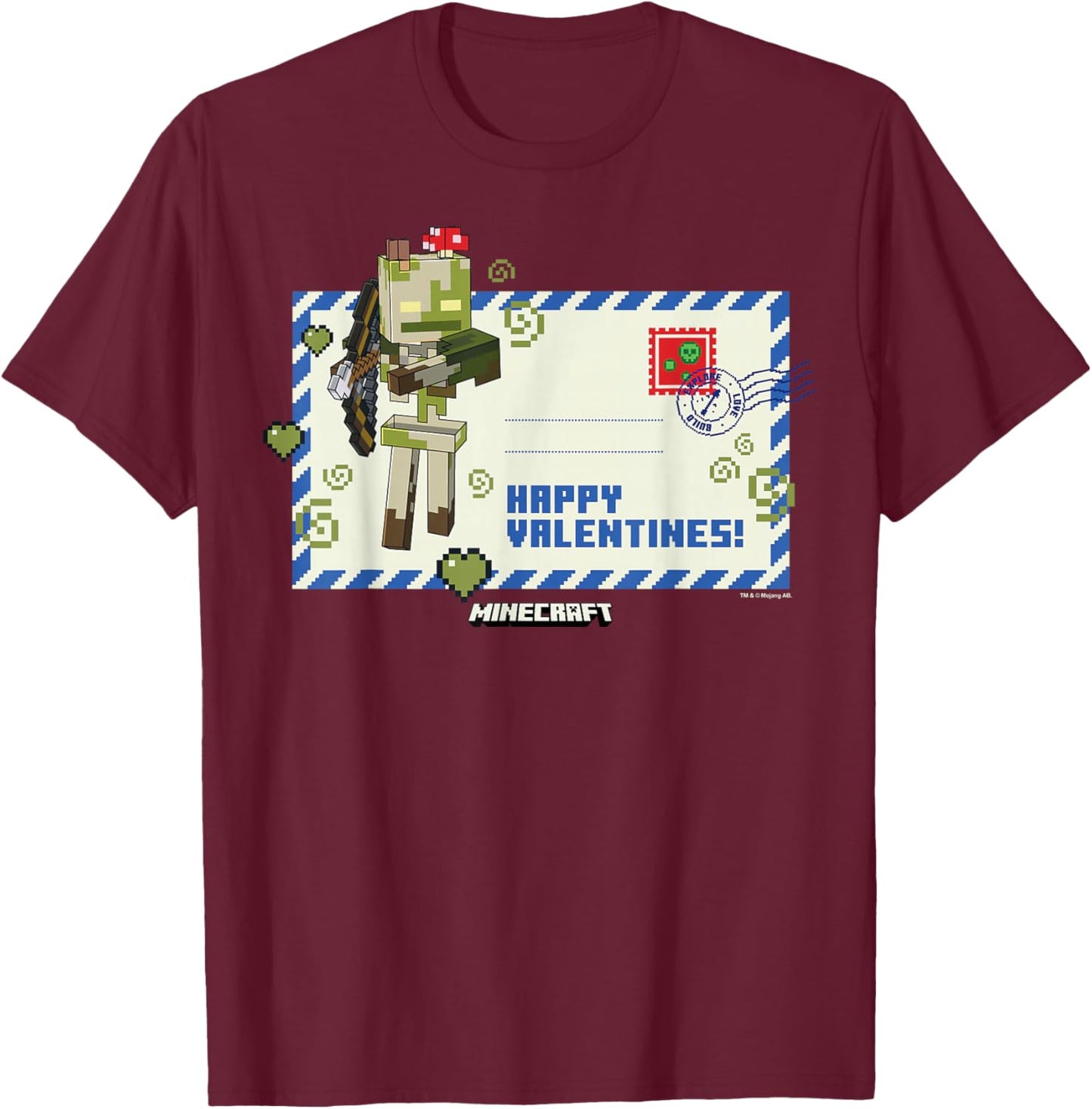 Minecraft Valentine's Day Happy Valentines! Letter Skeleton T-Shirt - T-Shirt | Maroon
