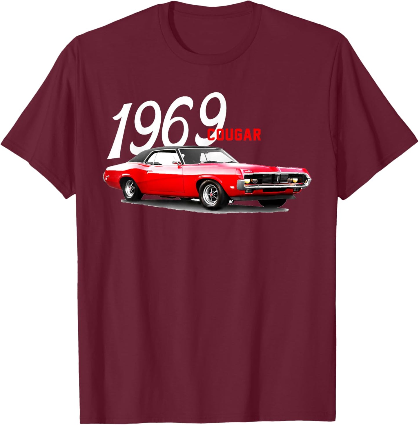 1969 69 Mercury Cougar Red Classic Vintage Old Car USA Flag T-Shirt - T-Shirt | Maroon