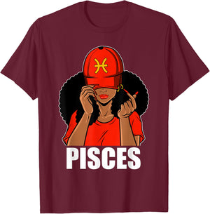 Pisces Black Girl Red Cap Afro Woman Black Queen T-Shirt - T-Shirt | Maroon
