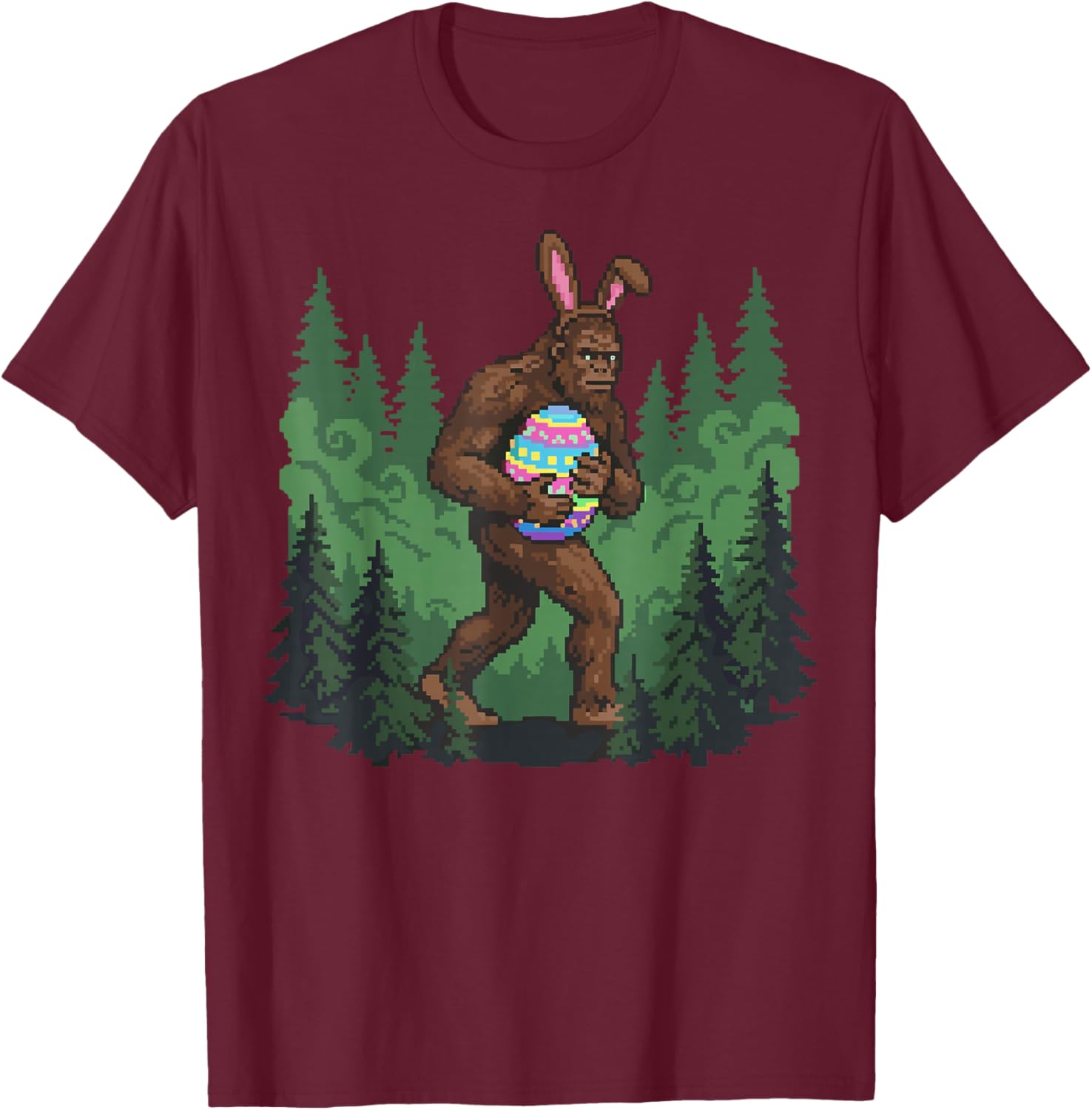 Bigfoot Easter Bunny Sasquatch Egg Hunt Funny Pixel Art T-Shirt - T-Shirt | Maroon