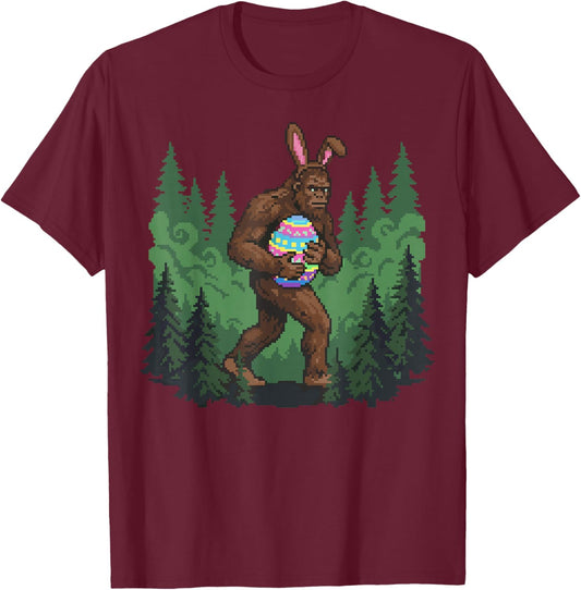 Bigfoot Easter Bunny Sasquatch Egg Hunt Funny Pixel Art T-Shirt - T-Shirt | Maroon