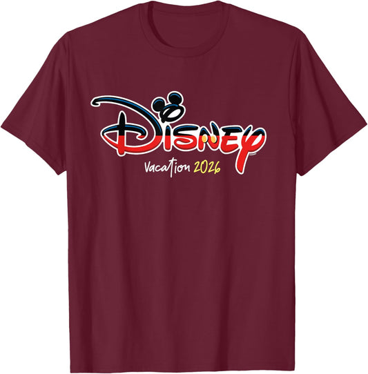 Disney Mickey Mouse Script Logo Vacation 2026 Trip Matching T-Shirt - T-Shirt | Maroon