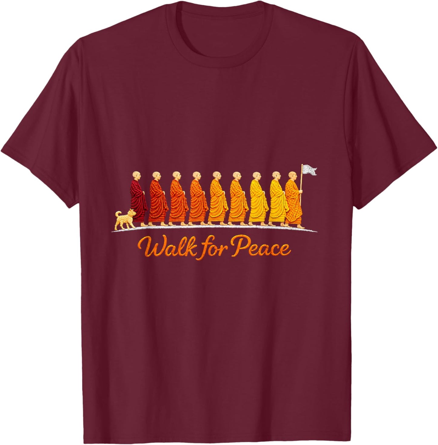Walking Monks Zen Art Walk for Aloka Peace T-Shirt - T-Shirt | Maroon