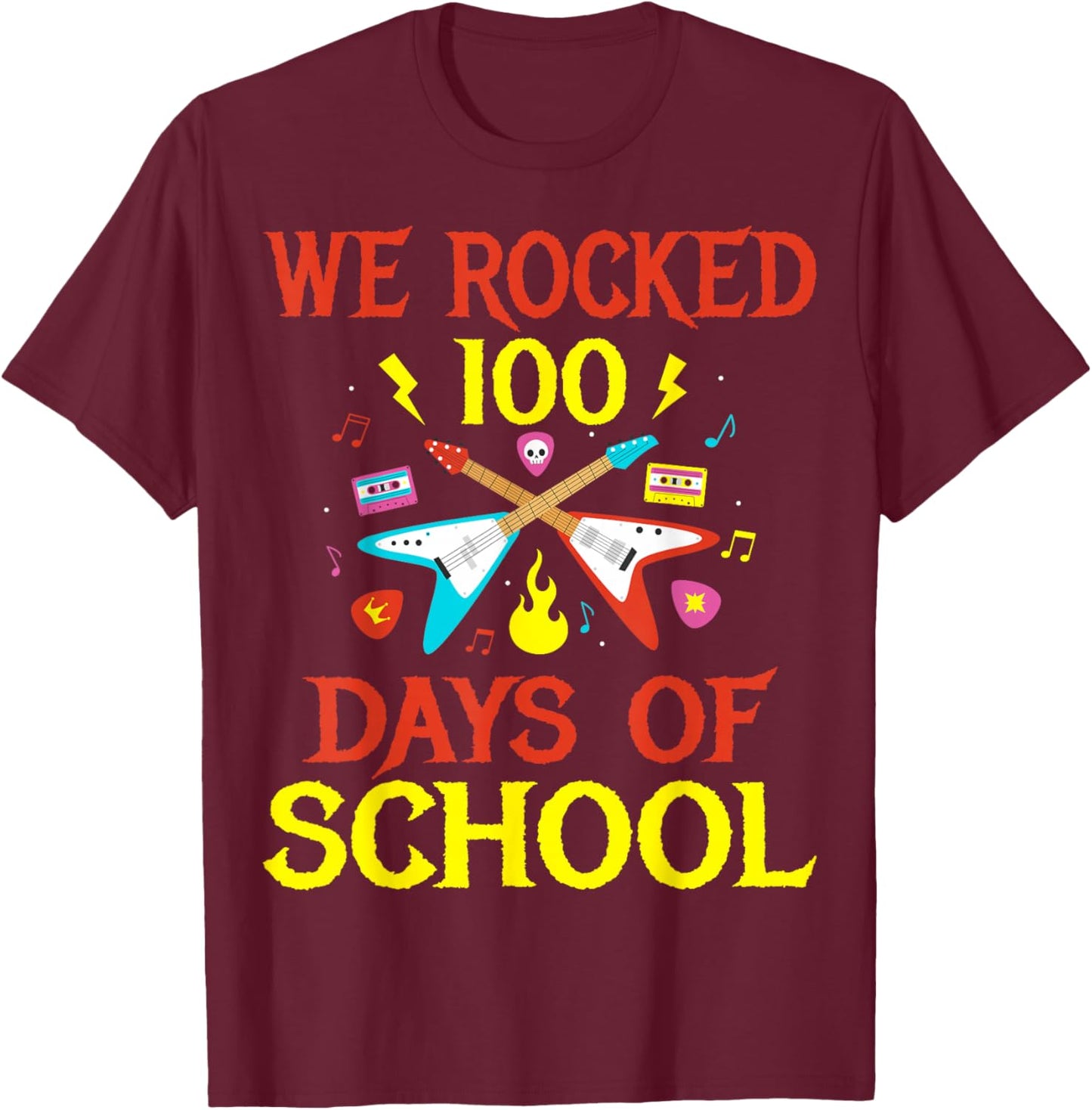 We Rocked 100 Days of School Guitar Music T-Shirt - T-Shirt | Maroon
