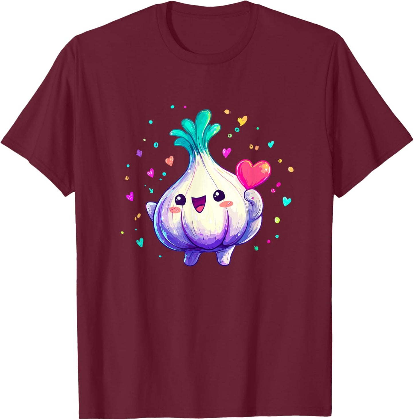 Cute Kawaii Garlic Holding Heart T-Shirt - T-Shirt | Maroon