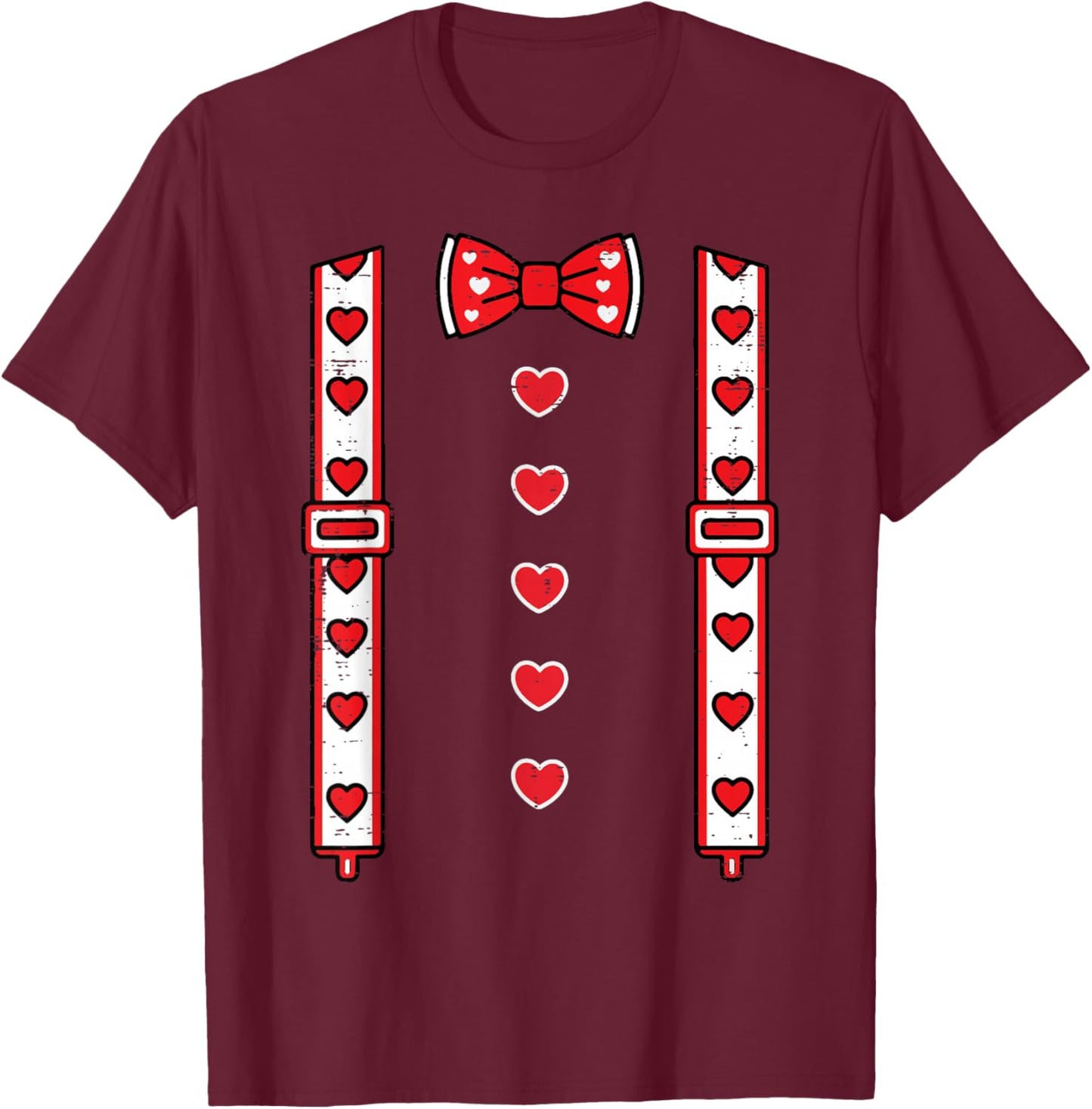 Valentines Day Suspenders Bow Tie Hearts Cute Boys Kids Men T-Shirt - T-Shirt | Maroon