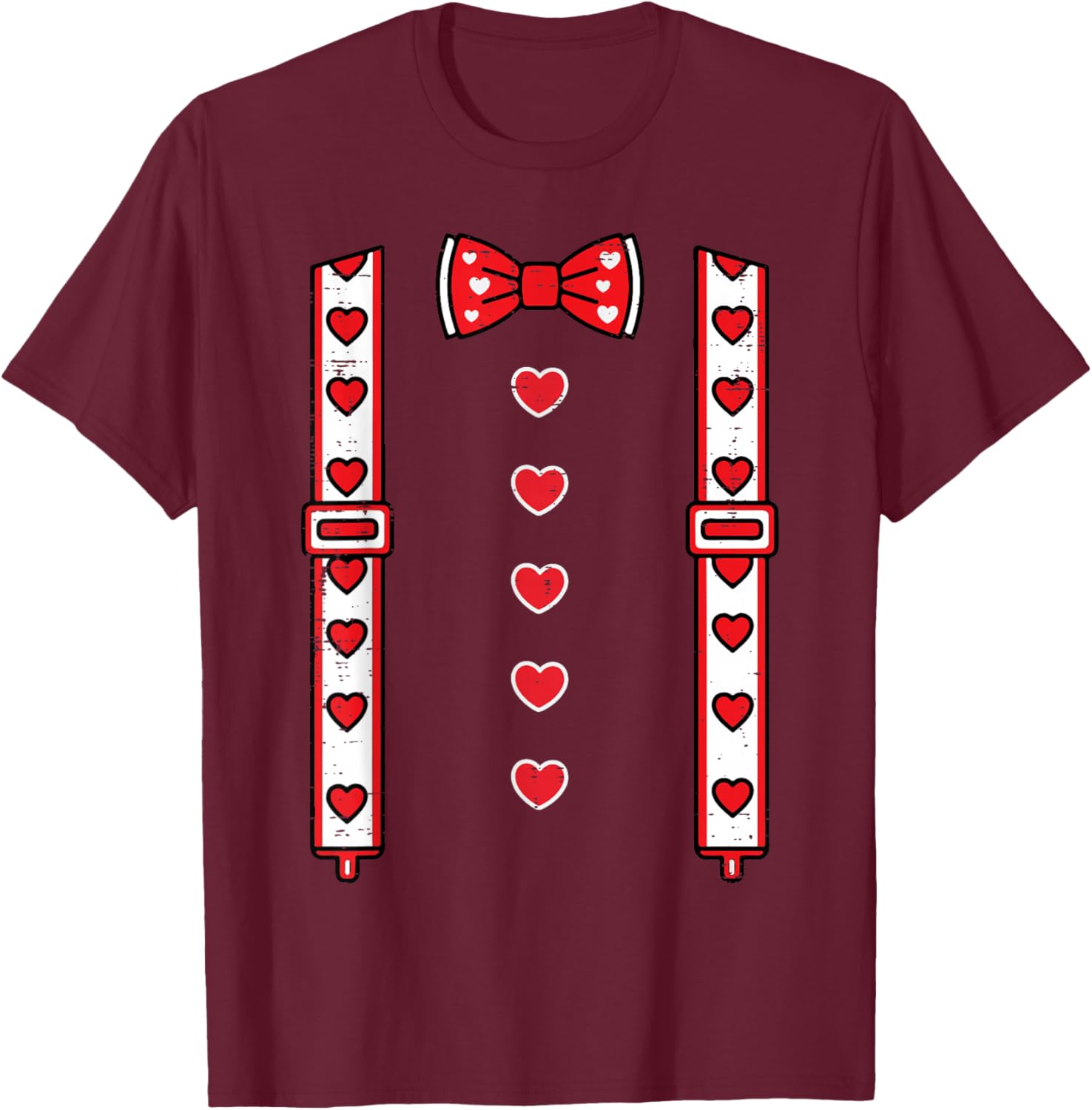 Valentines Day Suspenders Bow Tie Hearts Cute Boys Kids Men T-Shirt - T-Shirt | Maroon