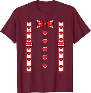 Valentines Day Suspenders Bow Tie Hearts Cute Boys Kids Men T-Shirt - T-Shirt | Maroon