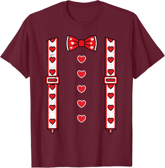 Valentines Day Suspenders Bow Tie Hearts Cute Boys Kids Men T-Shirt - T-Shirt | Maroon