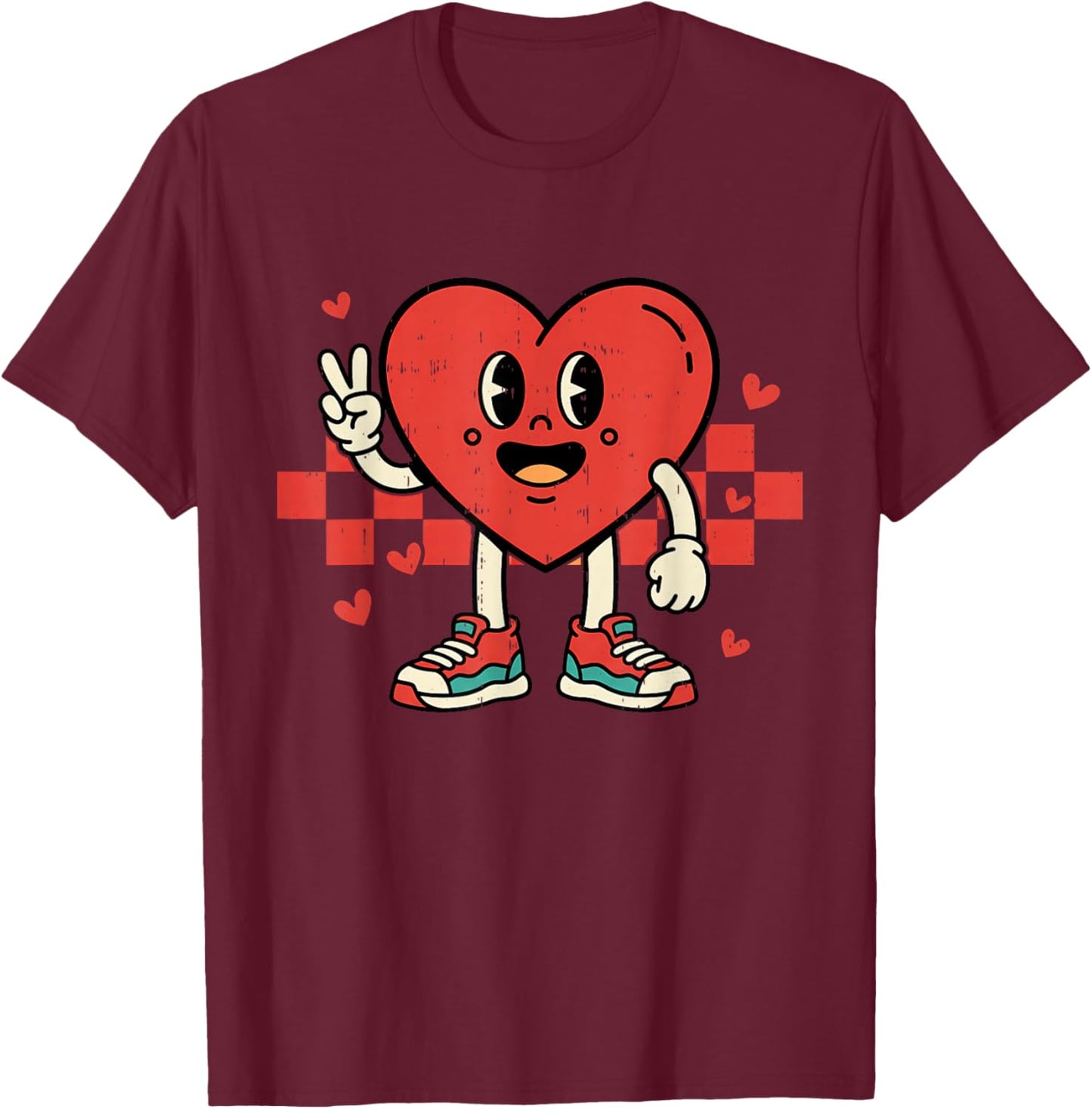 Retro Groovy Heart Peace Hand Valentines Day Men Women Kids T-Shirt - T-Shirt | Maroon
