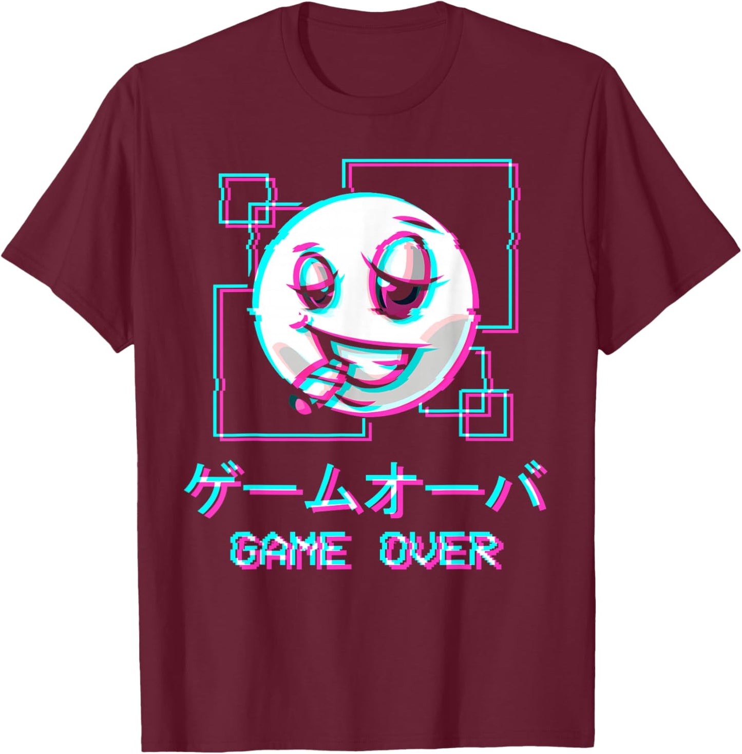 Vaporwave Aesthetic Happy Face Japanese Game Over Harajuku T-Shirt - T-Shirt | Maroon