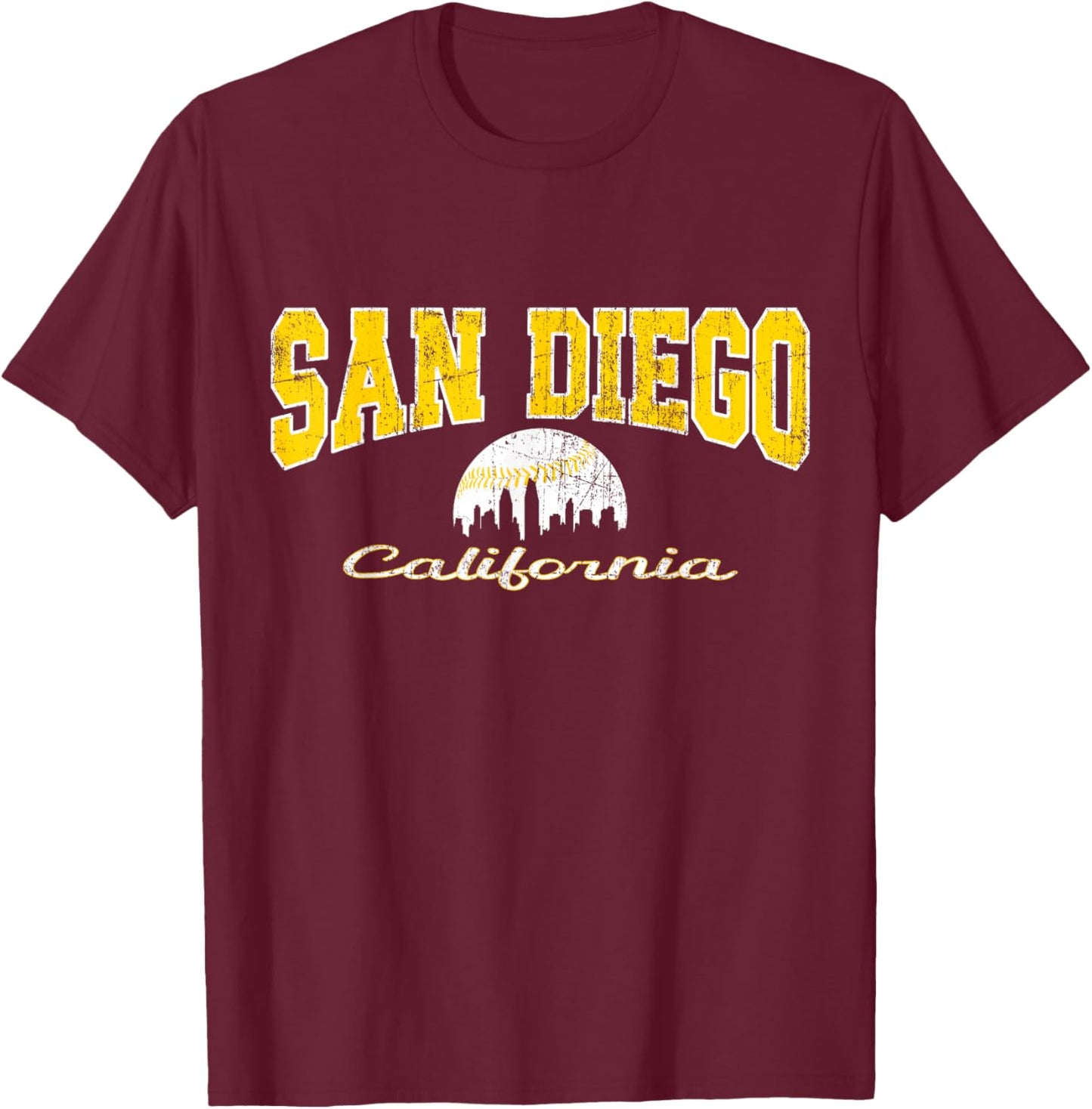 Retro San Diego City Baseball Skyline T-Shirt - T-Shirt | Maroon