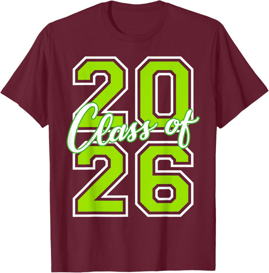Class of 2026 Graduation Varsity Lime Green White Letters T-Shirt - T-Shirt | Maroon