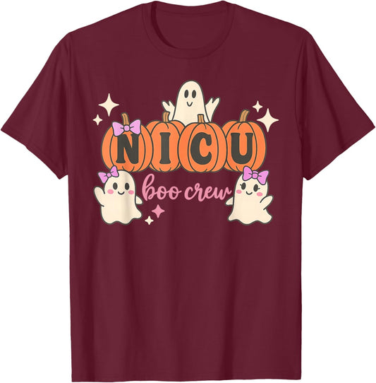 Funny NICU Boo Crew Nurse Ghost Halloween Spooky Season T-Shirt - T-Shirt | Maroon