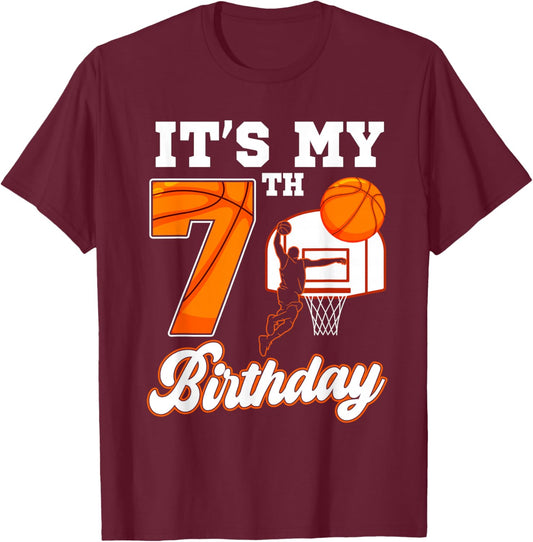 It's My 7th Birthday Basketball Theme 7 Year Old Boy Bday T-Shirt - T-Shirt | Maroon