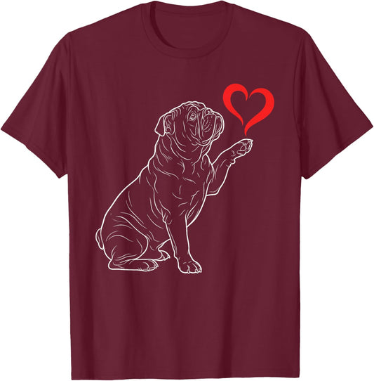 English Bulldog Dog Art Holding Heart Valentines T-Shirt - T-Shirt | Maroon