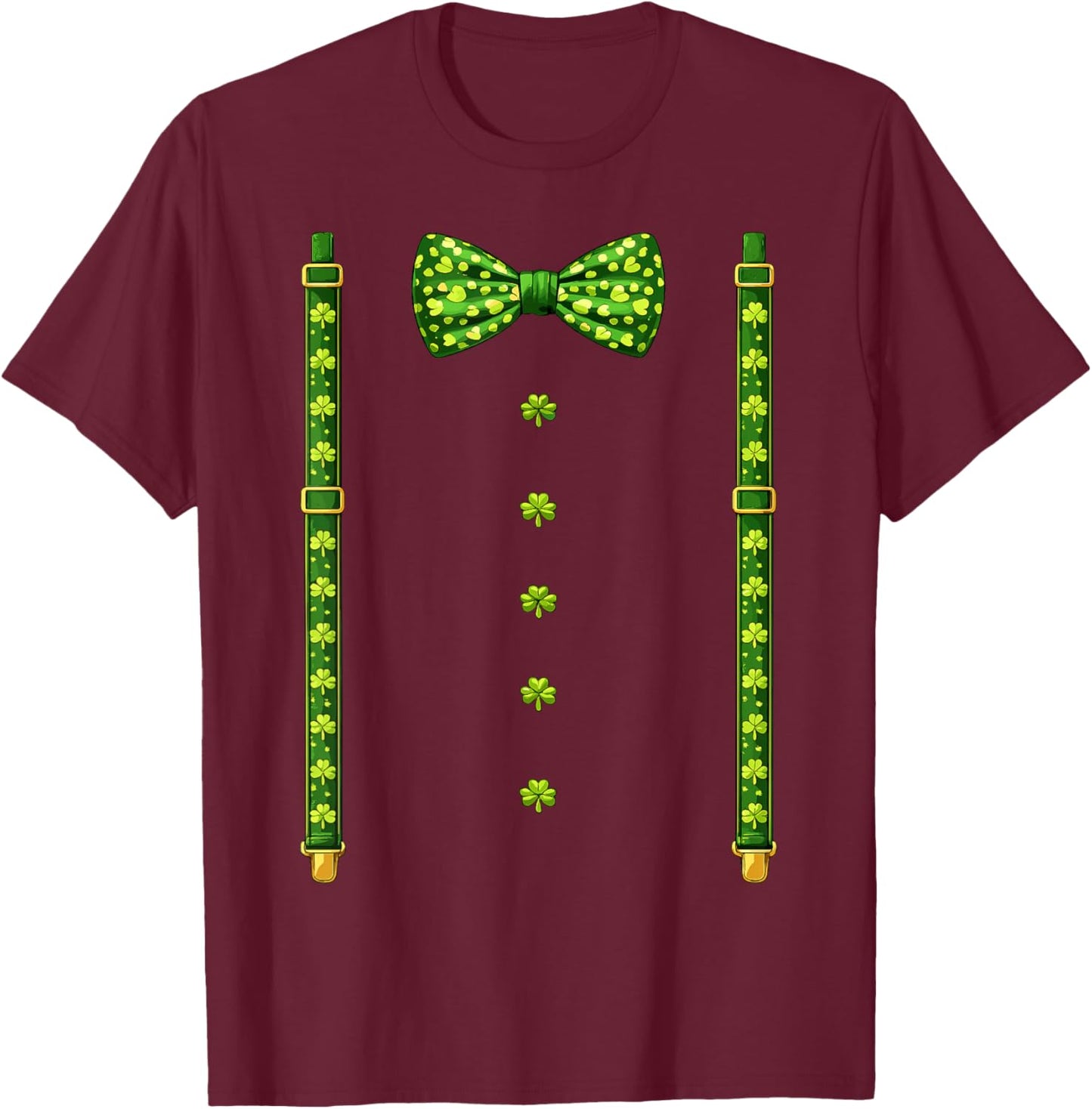 Bow Tie Suspenders Green Shamrocks St Patricks Day Costume T-Shirt - T-Shirt | Maroon