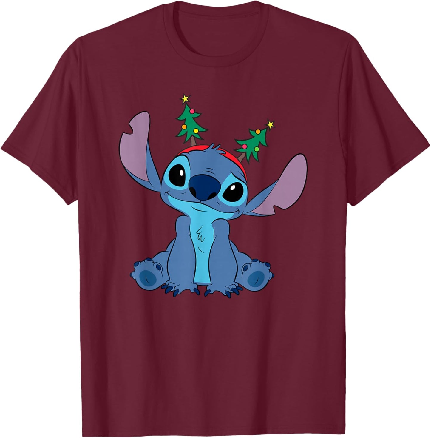 Disney Lilo & Stitch Christmas Seasonal Sitting Cute Pose T-Shirt - T-Shirt | Maroon