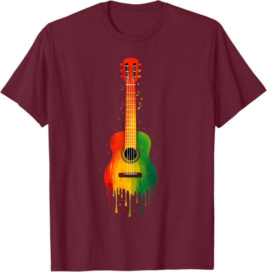 Dripping Paint Acoustic Guitar Art | Jamaican Reggae Vibes T-Shirt - T-Shirt | Maroon